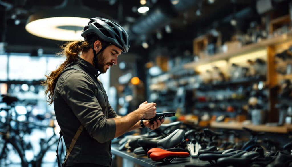 ciclista ajustando detalles en su bicicleta en una tienda especializada