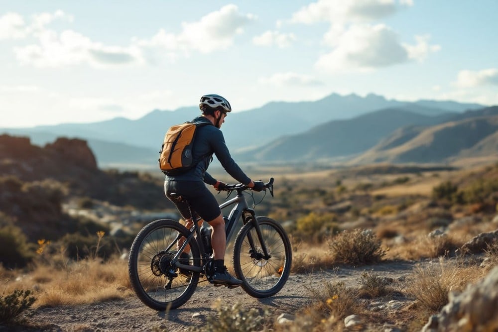 ciclista con mochila recorriendo sendero en montana rocoso