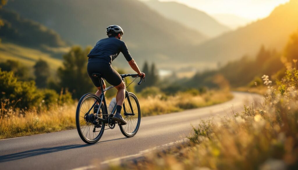 ciclista sobre carretera al atardecer en paisaje montanoso