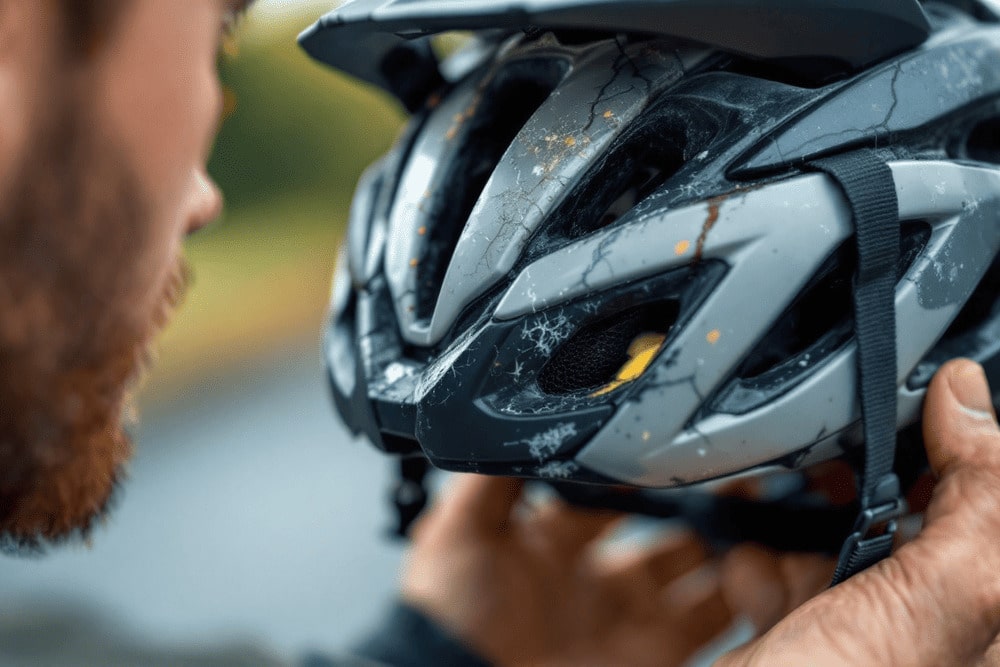 ciclista sujeta casco negro gris en mano
