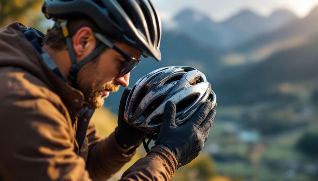 hombre ciclista ajusta casco negro al aire libre