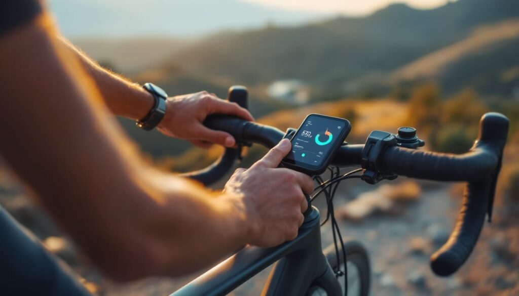 manos sujetando manillar de bicicleta con gps en ruta natural