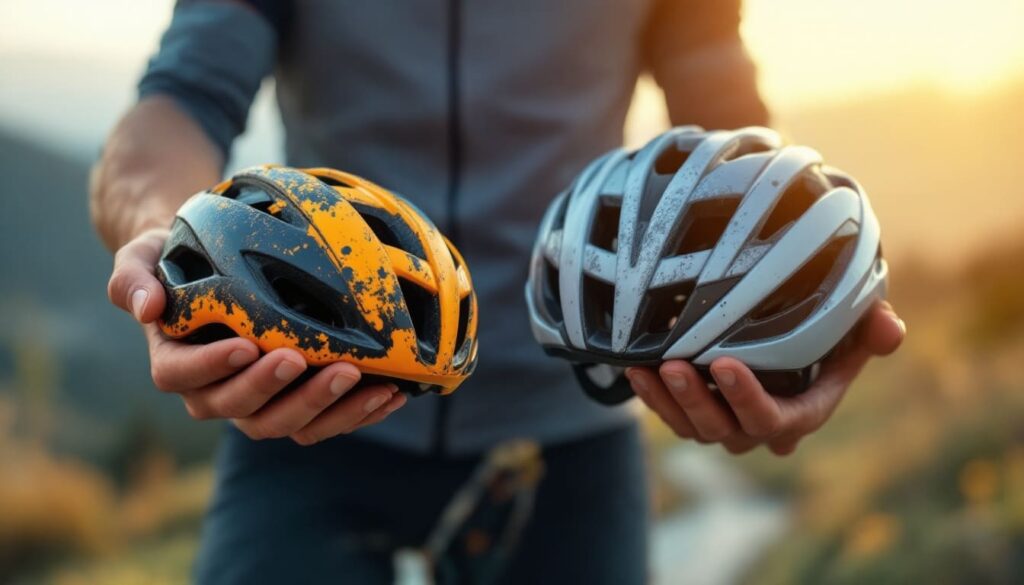 persona muestra dos cascos ciclismo colores